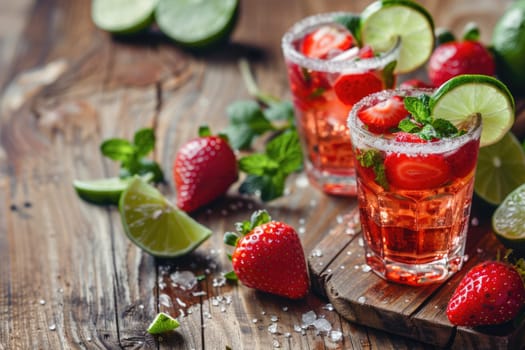 Fresh strawberry mojito drink on a vintage wooden dark table. ai generated