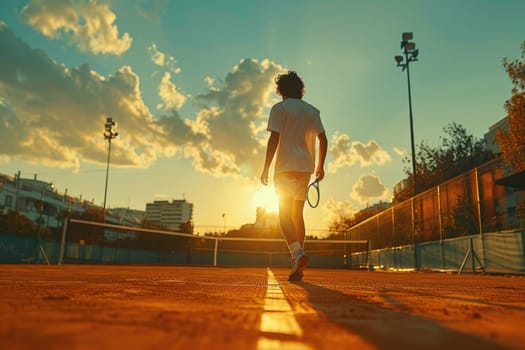 closeup of man plays tennis on the court at dawn. ai generated