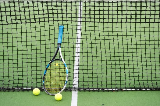 Tennis Court with ball and racket. High quality photo