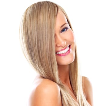 Blonde hair, smile and portrait of happy woman with beauty in studio for wellness, shine or glowing skin on white background. Haircare, face and female model with shampoo, cosmetics or growth pride.