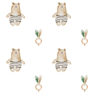 Kids toys. Seamless pattern with teddy bear and rattle. In pastel colors in Scandinavian style. Boho ornament for children's textiles and packaging paper for baby products. High quality illustration