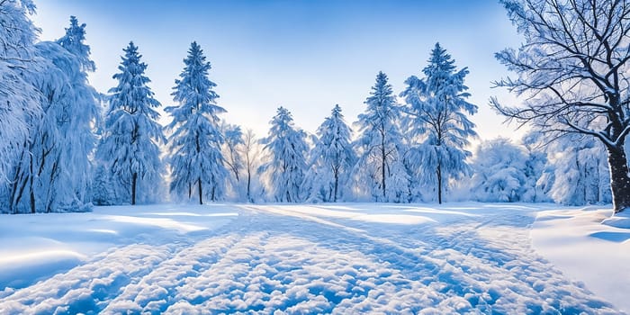 A serene winter landscape, snow blankets the ground, trees adorned with frost, picturesque panorama. Generative AI