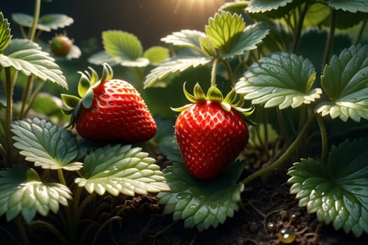 fresh ripe red strawberry growing in the ground .