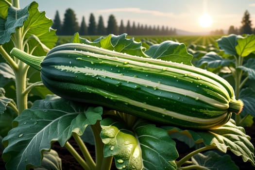 fresh green zucchini growing in the ground .