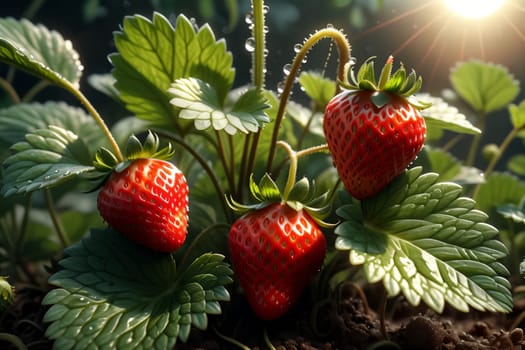 fresh ripe red strawberry growing in the ground .