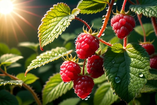ripe red raspberries growing outdoors .