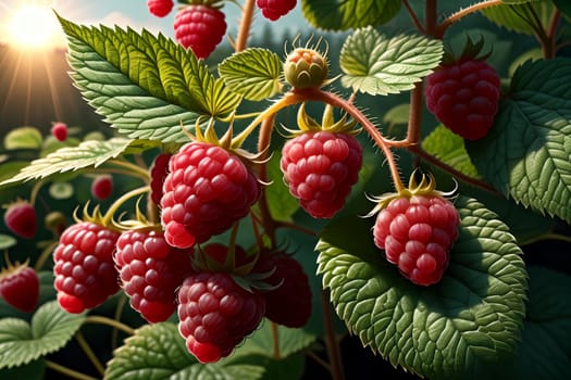 ripe red raspberries growing outdoors .