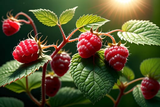 ripe red raspberries growing outdoors .