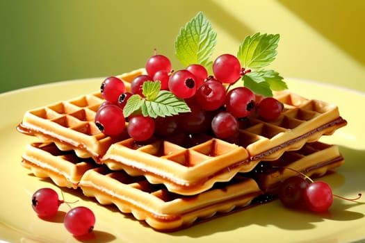 Viennese waffles with ripe red currants in a plate isolated on a yellow background .