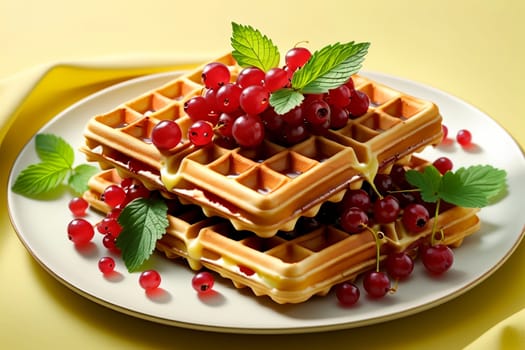 Viennese waffles with ripe red currants in a plate isolated on a yellow background .