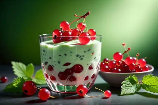 yogurt with ripe red currants in a glass isolated on a green background .