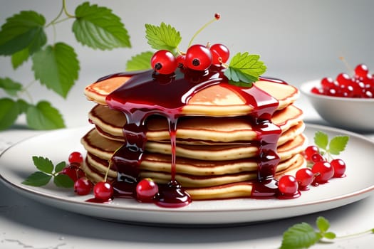 fried pancakes with ripe red currants in a plate .