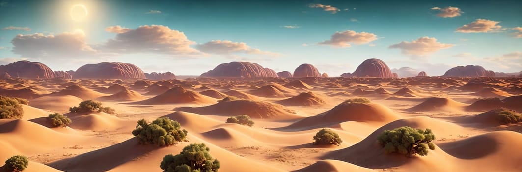 A vast desert expanse with rolling dunes under a cloudy, sunny sky. Generative AI