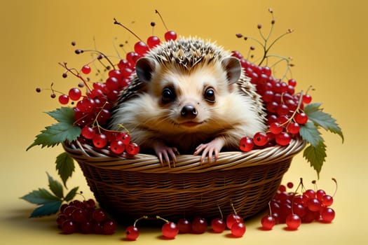 hedgehog sitting in a basket with ripe red currants .