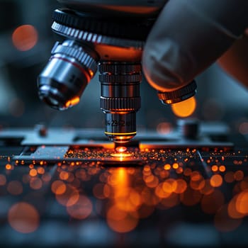 Close-up of a hand adjusting a microscope, showcasing science, research, and discovery.