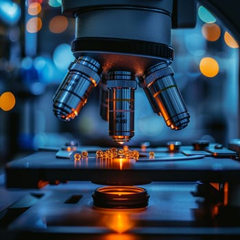 Close-up of a hand adjusting a microscope, showcasing science, research, and discovery.