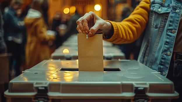 Close-up of a hand casting a vote in a ballot box, symbolizing democracy and civic duty.