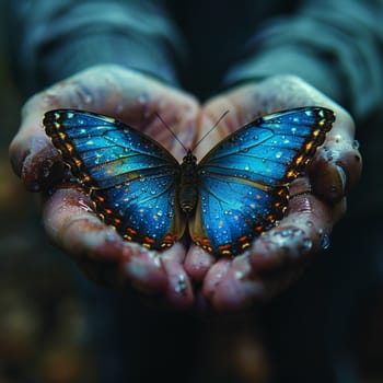 Hand holding a fragile butterfly, depicting delicacy, nature, and freedom.