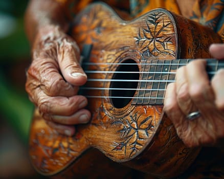 Close-up of a hand strumming a ukulele, showcasing music, leisure, and joy.