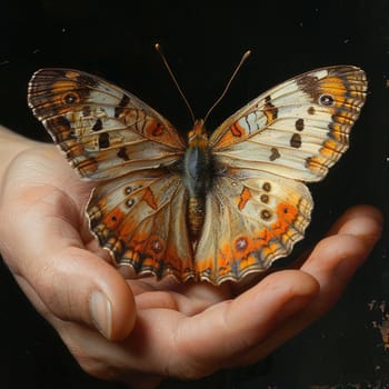 Hand holding a fragile butterfly, depicting delicacy, nature, and freedom.