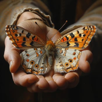 Hand holding a fragile butterfly, depicting delicacy, nature, and freedom.