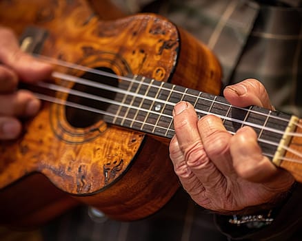 Close-up of a hand strumming a ukulele, showcasing music, leisure, and joy.