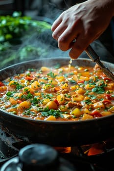 Hand stirring a pot of soup, evoking home cooking and family meals.