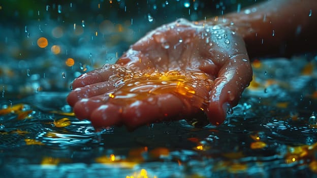 Hand reaching out to touch raindrops, depicting curiosity and interaction with nature.