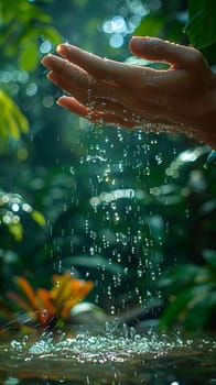 Hand reaching out to touch raindrops, depicting curiosity and interaction with nature.