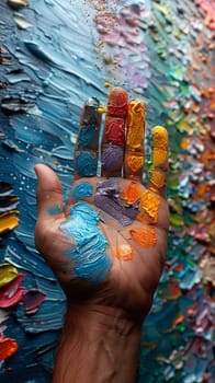 Macro shot of a hand mixing paint colors, showcasing creativity and the art process.