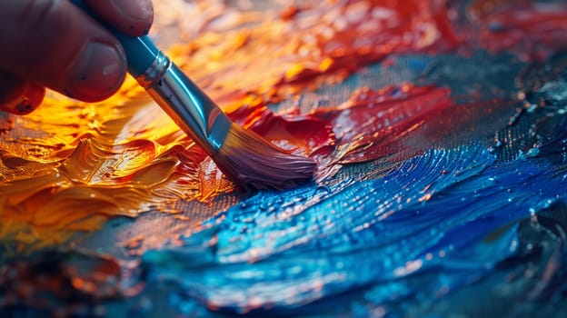 Macro shot of a hand mixing paint colors, showcasing creativity and the art process.