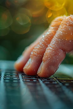 Macro shot of fingers on a laptop keyboard, depicting remote work and technology use.