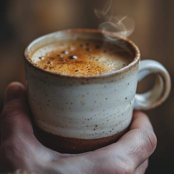 Hand holding a steaming cup of coffee, a universal morning ritual and comfort.