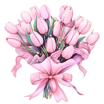 A beautiful bouquet of pink tulips tied with a pink bow, a lovely gesture symbolizing love and admiration. The vibrant magenta petals of the flowering plant resemble a work of art