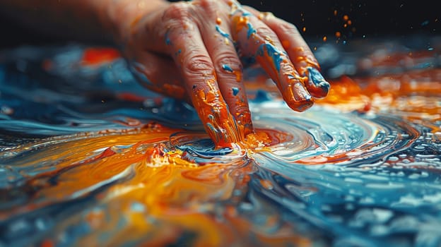 Macro shot of a hand mixing paint colors, showcasing creativity and the art process.