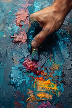 Macro shot of a hand mixing paint colors, showcasing creativity and the art process.