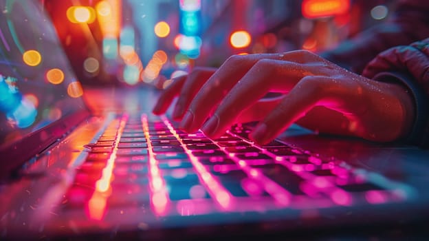 Macro shot of fingers on a laptop keyboard, depicting remote work and technology use.