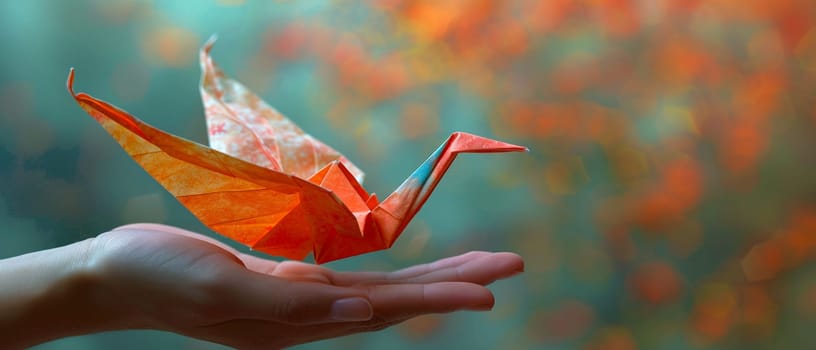 Hand holding an origami crane, symbolizing peace, creativity, and patience.