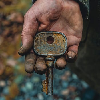 Hand holding a vintage key, representing access, security, and mystery.