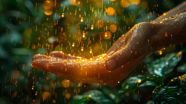 Hand reaching out to touch raindrops, depicting curiosity and interaction with nature.