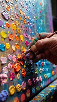 Macro shot of a hand mixing paint colors, showcasing creativity and the art process.