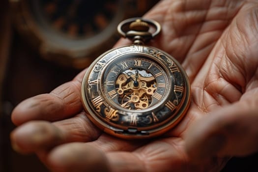 Hand holding an antique pocket watch, representing time, heritage, and memory.