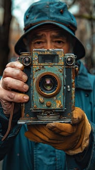 Hand holding a vintage film camera, capturing the art of photography and storytelling.