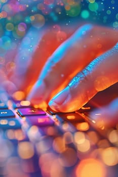 Macro shot of fingers on a laptop keyboard, depicting remote work and technology use.