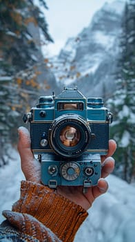 Hand holding a vintage film camera, capturing the art of photography and storytelling.