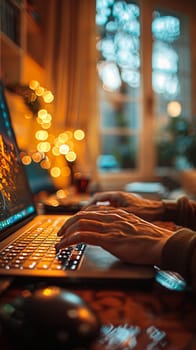 Macro shot of fingers on a laptop keyboard, depicting remote work and technology use.