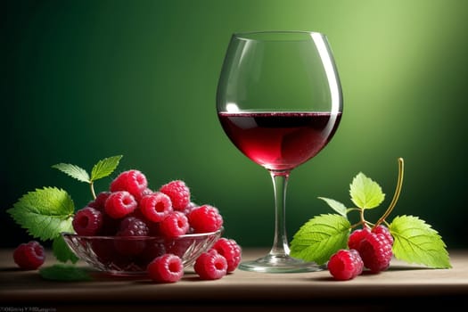 raspberry liqueur, wine in a glass isolated on a green background .