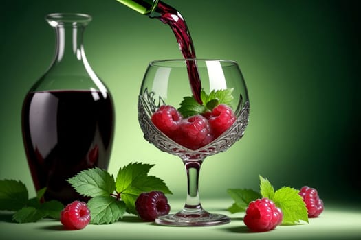 raspberry liqueur, wine in a glass isolated on a green background .