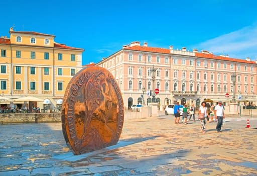 Trieste, Italy - 16 June, 2023: View of the Taller dedicated to Maria Teresa of Austria, a modern monument in the central part of the city