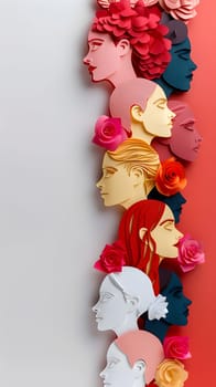 A visually stunning display of creativity in the form of a row of womens faces with vibrant magenta flowers in their hair, showcasing a fusion of art, fashion design, and visual arts